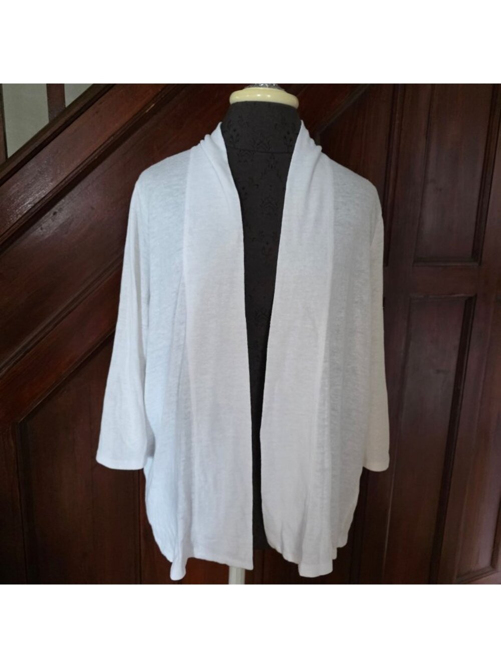 Talbots Open Front White Cardigan Sweater Medium 3/4 Sleeve Lightweight Blend